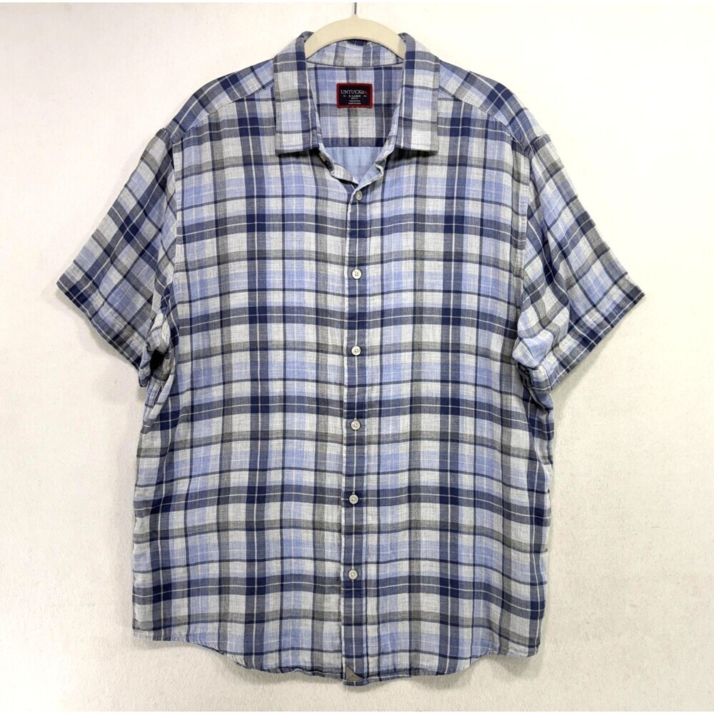 UNTUCKit Shirt Men XL Blue Gray Plaid Benjamin Short Sleeve Slim Fit 100% Cotton